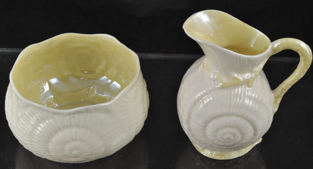 Irish Belleek Toy Shell Yellow Creamer&Sugar Green Mark Irish Belleek Toy Shell Yellow Creamer&Sugar Green Mark