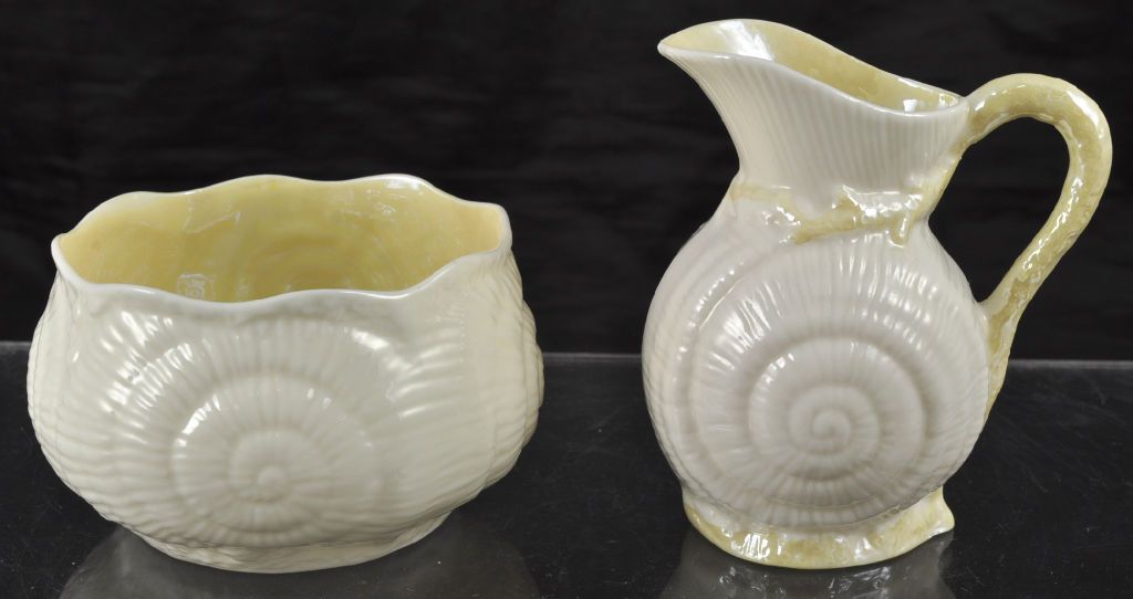 Irish Belleek Toy Shell Yellow Creamer&Sugar Green Mark Irish Belleek Toy Shell Yellow Creamer&Sugar Green Mark
