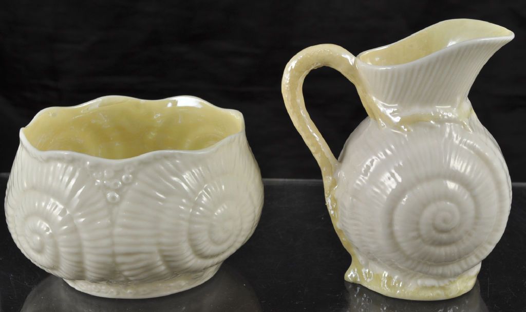 Irish Belleek Toy Shell Yellow Creamer&Sugar Green Mark Irish Belleek Toy Shell Yellow Creamer&Sugar Green Mark