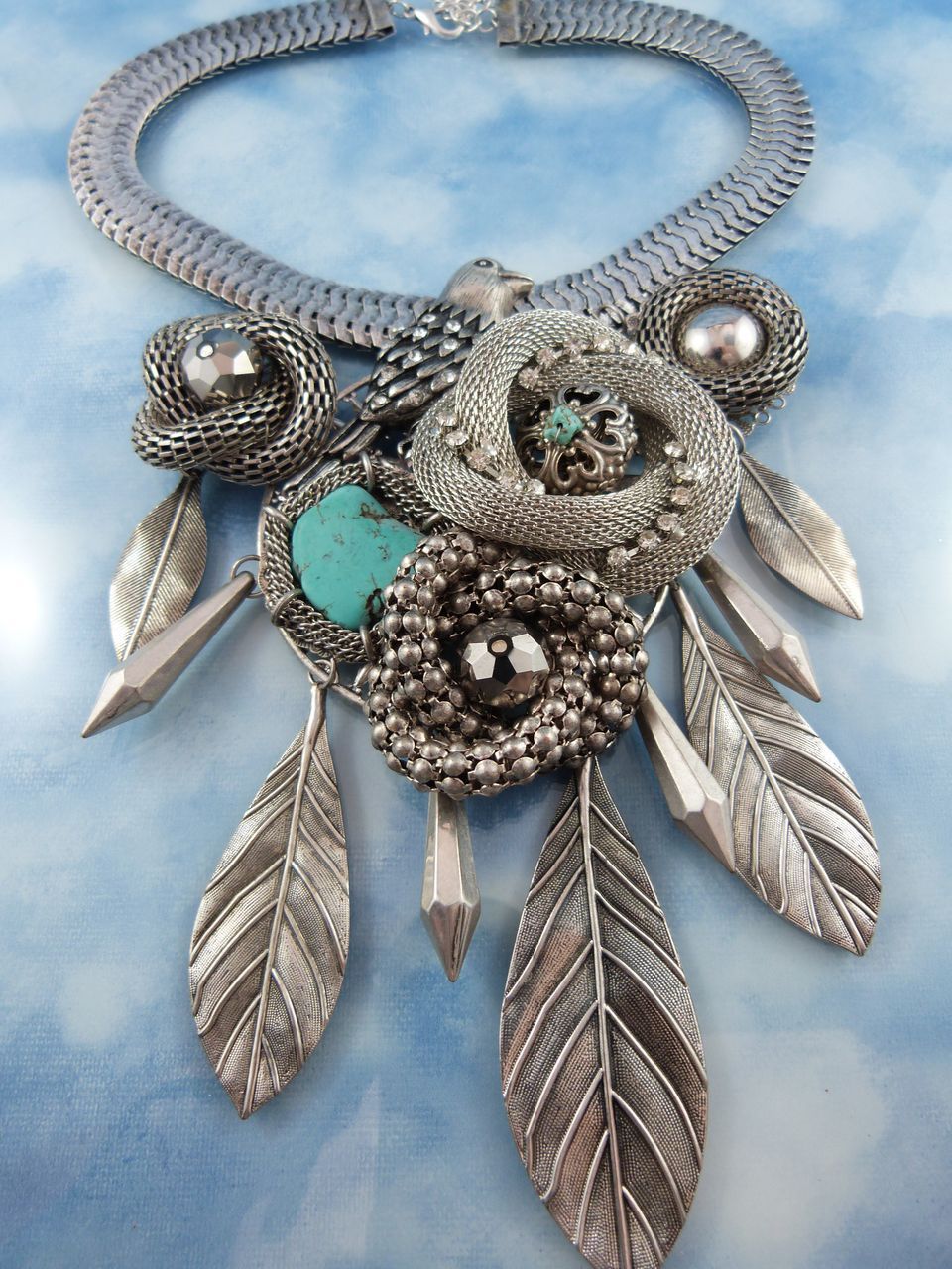 Designer Modernist Bird Sanctuary Silver Tone Crystal Turquoise Statement Runway Necklace Designer Modernist Bird Sanctuary Silver Tone Crystal Turquoise Statement Runway Necklace