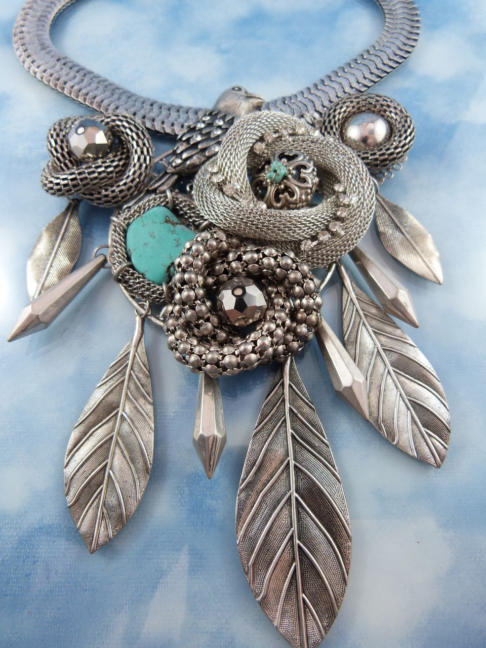 Designer Modernist Bird Sanctuary Silver Tone Crystal Turquoise Statement Runway Necklace Designer Modernist Bird Sanctuary Silver Tone Crystal Turquoise Statement Runway Necklace