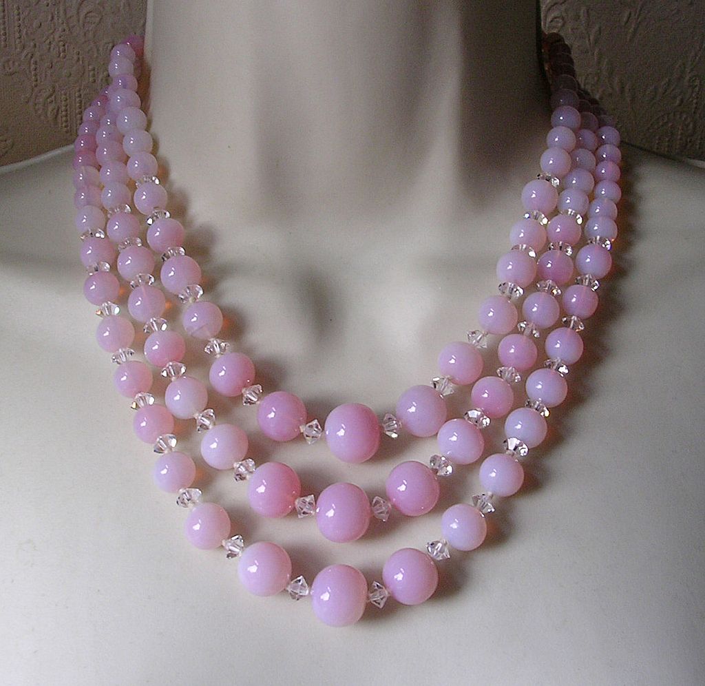 Fabulous 3 Strand Pink Opal Glass Graduated Bead & Silver Rhinestone Clasp Fabulous 3 Strand Pink Opal Glass Graduated Bead & Silver Rhinestone Clasp