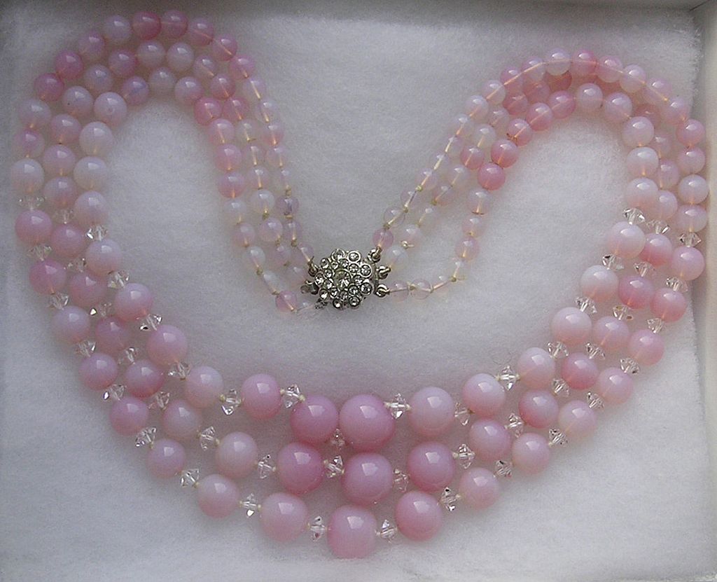 Fabulous 3 Strand Pink Opal Glass Graduated Bead & Silver Rhinestone Clasp Fabulous 3 Strand Pink Opal Glass Graduated Bead & Silver Rhinestone Clasp