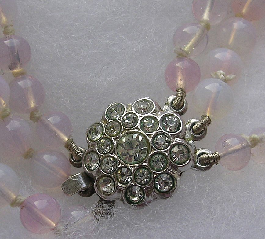 Fabulous 3 Strand Pink Opal Glass Graduated Bead & Silver Rhinestone Clasp Fabulous 3 Strand Pink Opal Glass Graduated Bead & Silver Rhinestone Clasp