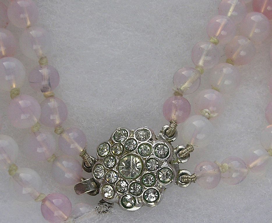 Fabulous 3 Strand Pink Opal Glass Graduated Bead & Silver Rhinestone Clasp Fabulous 3 Strand Pink Opal Glass Graduated Bead & Silver Rhinestone Clasp