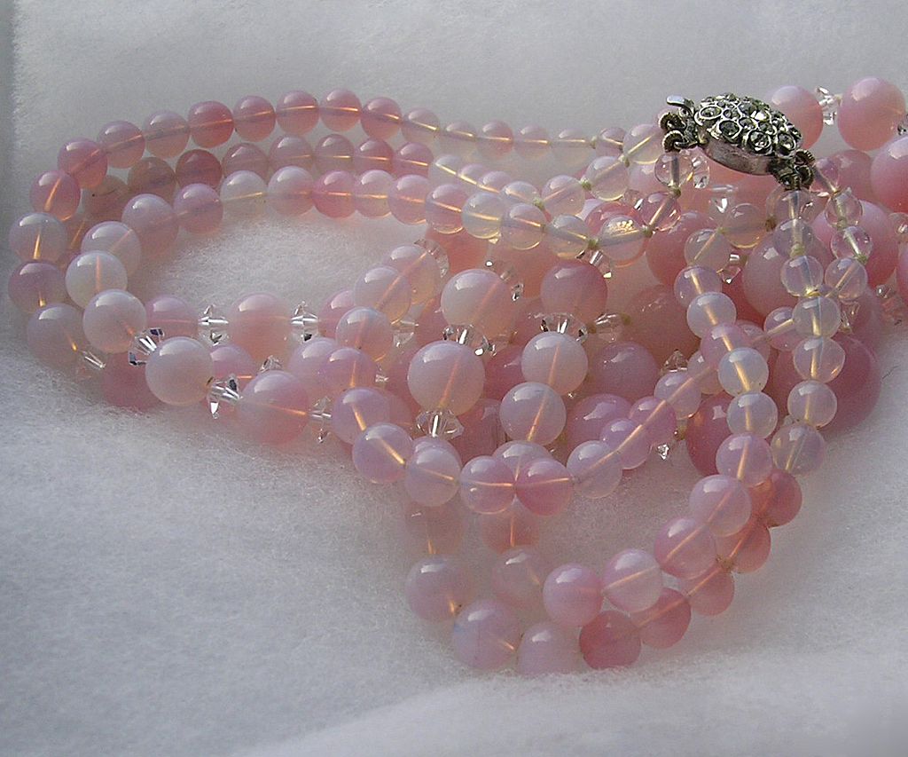 Fabulous 3 Strand Pink Opal Glass Graduated Bead & Silver Rhinestone Clasp Fabulous 3 Strand Pink Opal Glass Graduated Bead & Silver Rhinestone Clasp