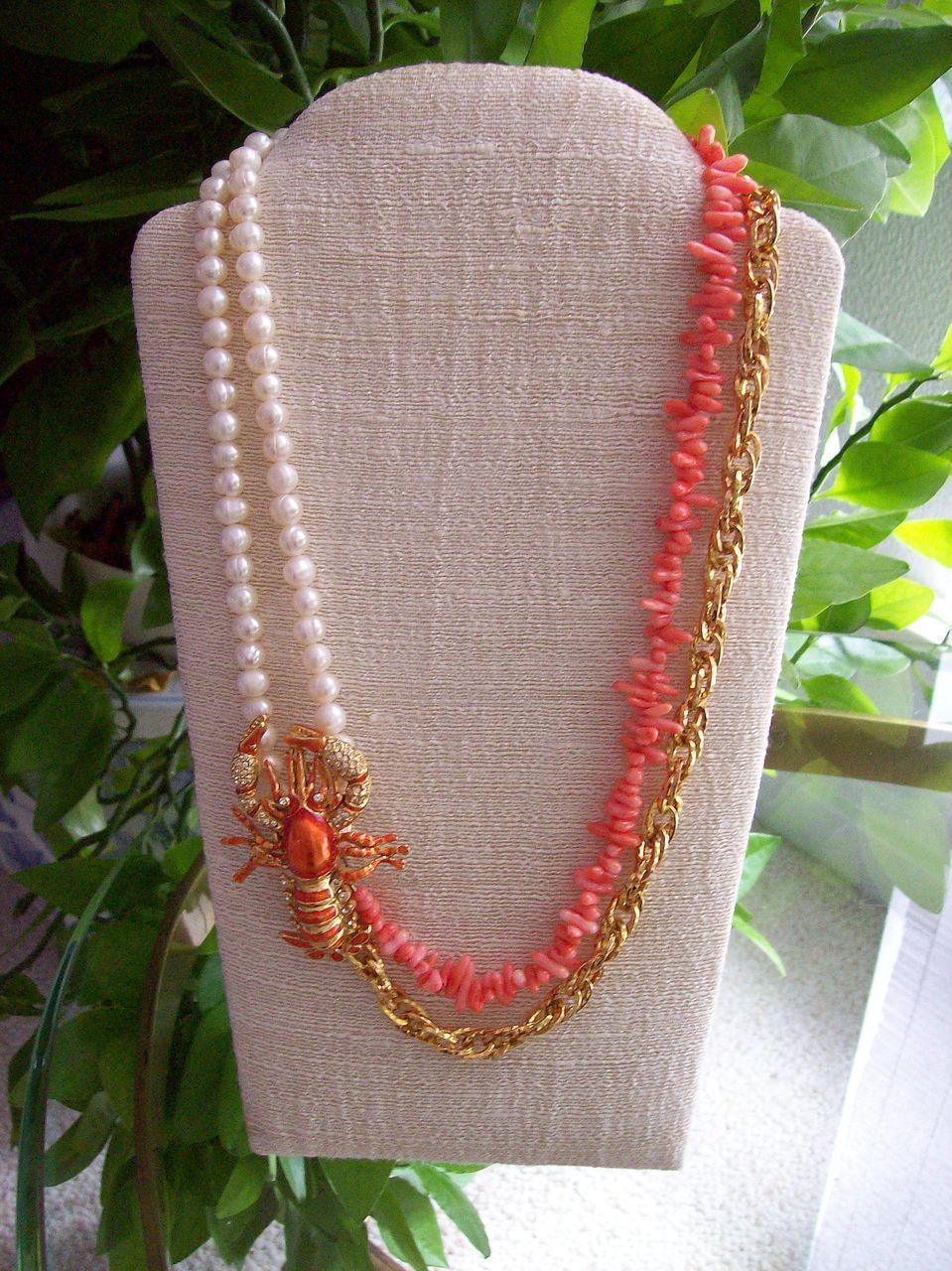 ~ Vintage Lobster Pin ~ Necklace ~ Coral ~ Cultured Freshwater Pearl ~ Artisan ~ Vintage Lobster Pin ~ Necklace ~ Coral ~ Cultured Freshwater Pearl ~ Artisan