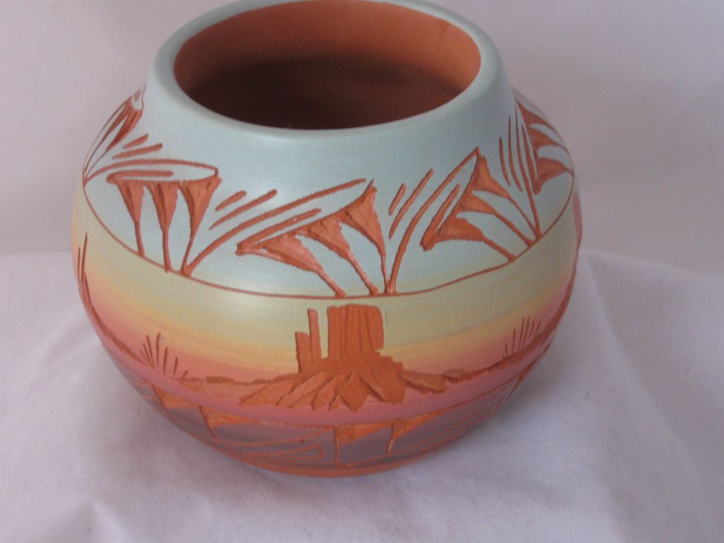 Navajo Etched Monument Valley Pot Artist Signed Navajo Etched Monument Valley Pot Artist Signed