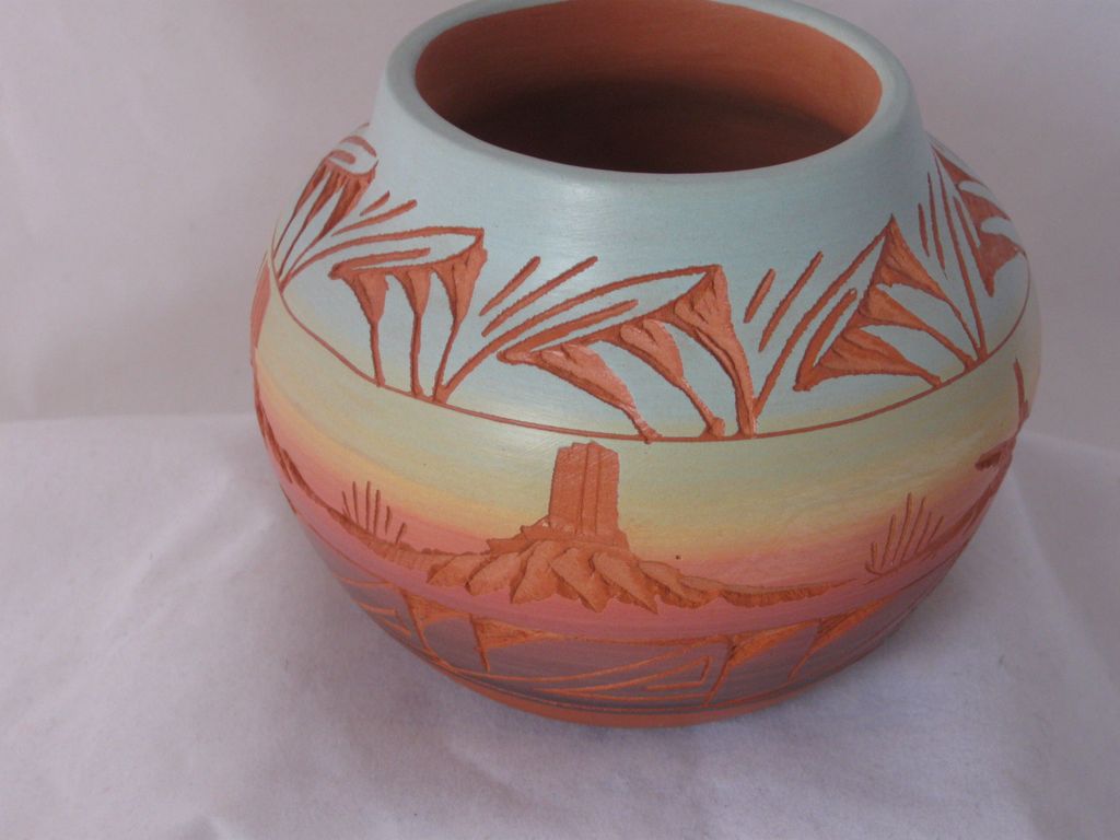 Navajo Etched Monument Valley Pot Artist Signed Navajo Etched Monument Valley Pot Artist Signed