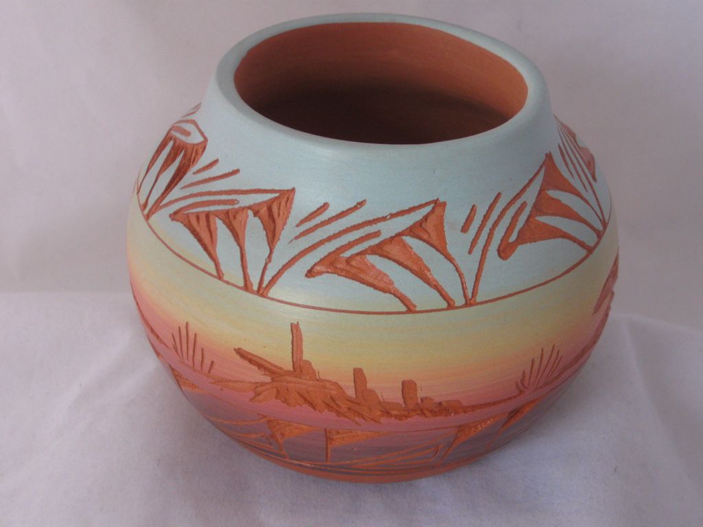 Navajo Etched Monument Valley Pot Artist Signed Navajo Etched Monument Valley Pot Artist Signed