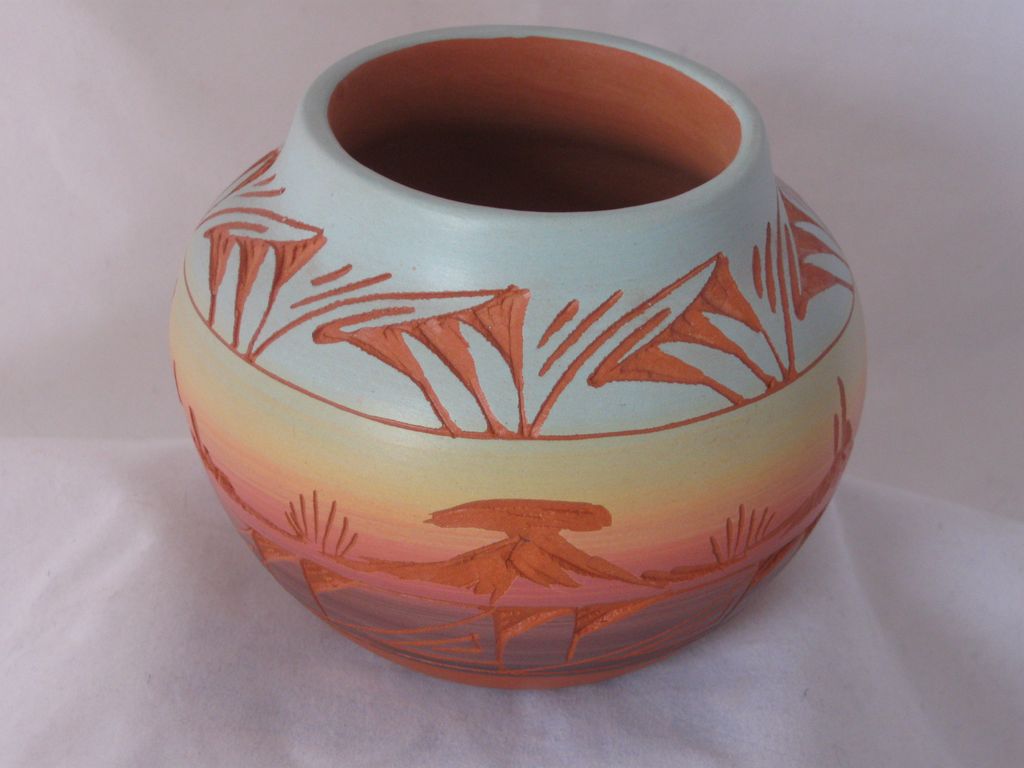 Navajo Etched Monument Valley Pot Artist Signed Navajo Etched Monument Valley Pot Artist Signed