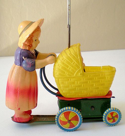 Old Celluloid Wind Up Toy Japan Stroller With Baby Old Celluloid Wind Up Toy Japan Stroller With Baby