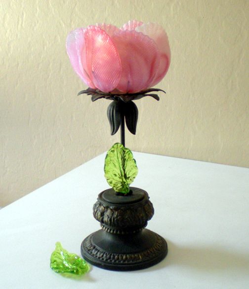 Antique Victorian Pink Rose Art Glass and Metal Candle Holder Antique Victorian Pink Rose Art Glass and Metal Candle Holder
