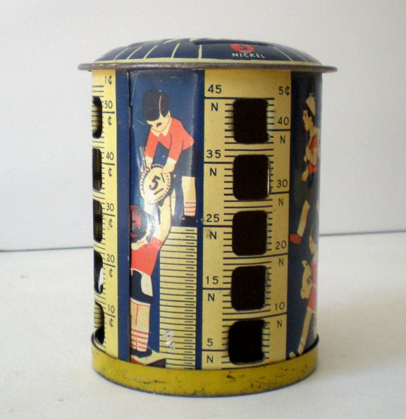 Vintage 1940's Tin Lithograph Stacking Coin Bank Children Vintage 1940's Tin Lithograph Stacking Coin Bank Children