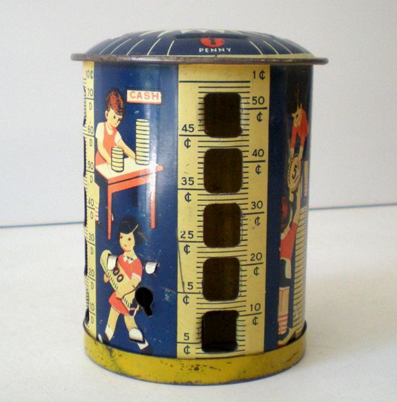Vintage 1940's Tin Lithograph Stacking Coin Bank Children Vintage 1940's Tin Lithograph Stacking Coin Bank Children