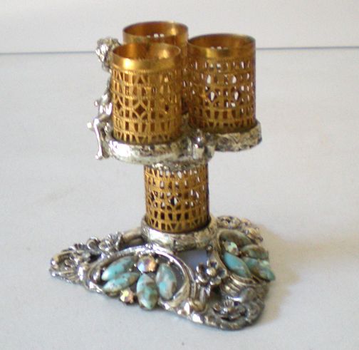 Ornate Jeweled Lipsticks Holder With Cherub Signed Ornate Jeweled Lipsticks Holder With Cherub Signed