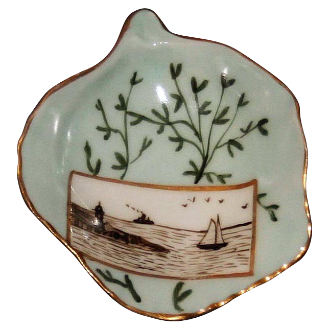 Rare Shaped Butter Pat with Nautical Scene & Shell Bottom Rare Shaped Butter Pat with Nautical Scene & Shell Bottom