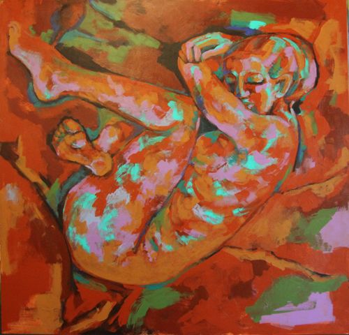 Rock Seated Female Nude Earthy Expression Original Acrylic Painting Rock Seated Female Nude Earthy Expression Original Acrylic Painting