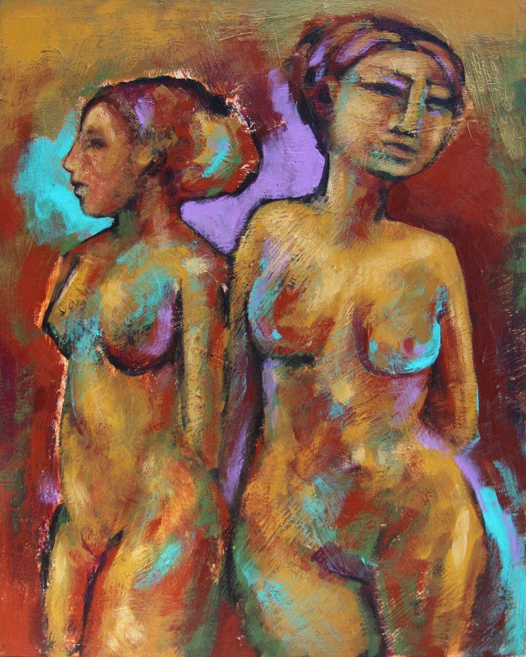 Two Female Nudes Acrylic Painting Earthy Expressionist Trops Two Female Nudes Acrylic Painting Earthy Expressionist Trops