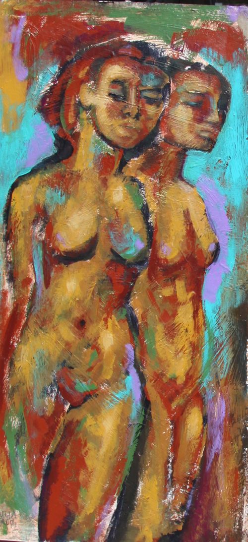 Two Female Nudes Acrylic Painting Earthy Expressionist Trops Two Female Nudes Acrylic Painting Earthy Expressionist Trops