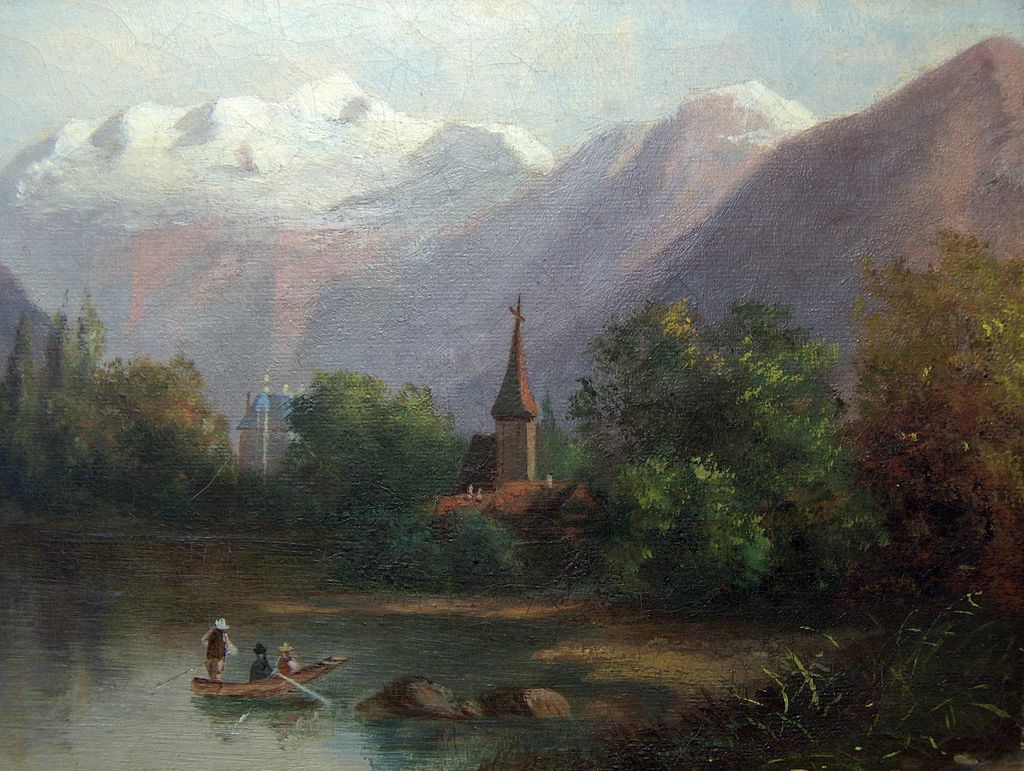 19th c. Mountainous Lake Painting w/ Figures 19th c. Mountainous Lake Painting w/ Figures