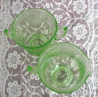Lovebirds Green Depression Glass Creamer & Sugar Lovebirds Green Depression Glass Creamer & Sugar