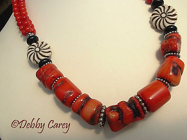 Red Sponge Coral, Carved Bone, Black Onyx & Bali Sterling Silver Necklace Red Sponge Coral, Carved Bone, Black Onyx & Bali Sterling Silver Necklace