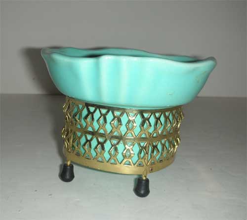 Miniature aqua Gilner planter with gold sleeve Miniature aqua Gilner planter with gold sleeve
