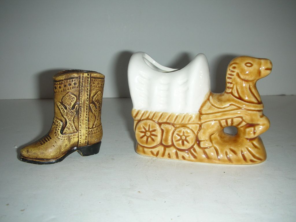 Two western toothpick or match holders-wagon & boot Two western toothpick or match holders-wagon & boot