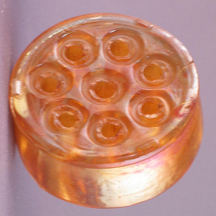 Marigold Carnival Glass 8-Hole Flower Frog Marigold Carnival Glass 8-Hole Flower Frog
