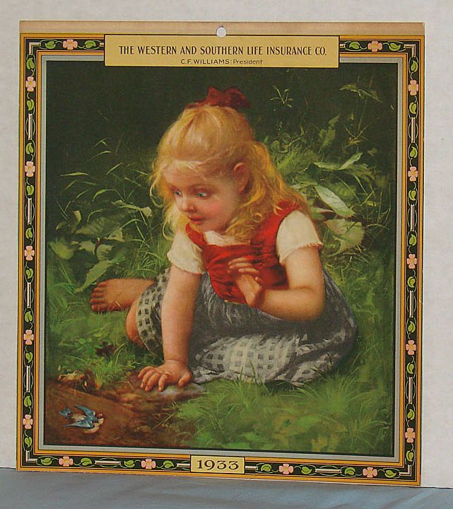 Calendar art 1933 Western and Southern Life Ins. Co. Girl and Blue Bird Calendar art 1933 Western and Southern Life Ins. Co. Girl and Blue Bird