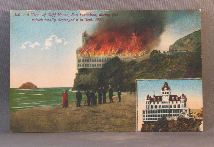 Unused postcard of Cliff House before and after fire in September, 1907 Unused postcard of Cliff House before and after fire in September, 1907