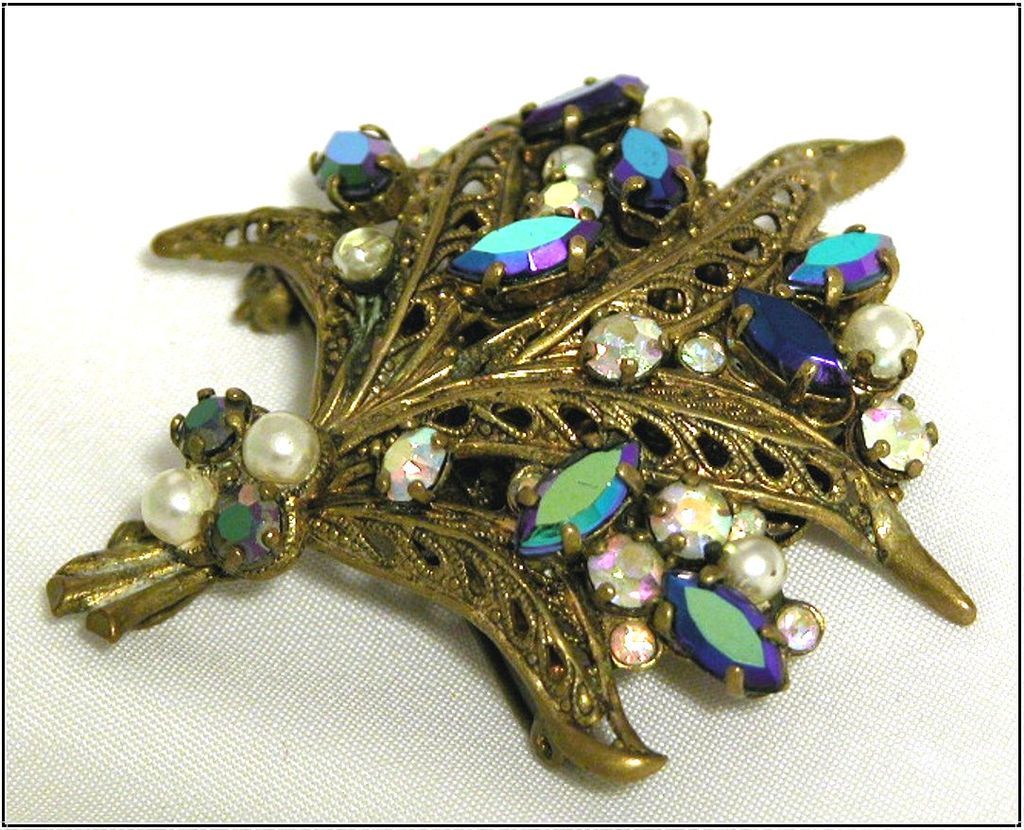 Vintage Aurora Borealis Rhinestone & Faux Pearl Pin, Germany Vintage Aurora Borealis Rhinestone & Faux Pearl Pin, Germany