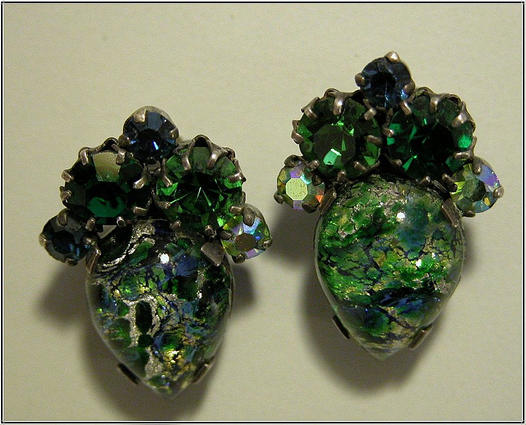 Blue Foil Art Glass Earrings with Green & Blue Rhinestones Blue Foil Art Glass Earrings with Green & Blue Rhinestones