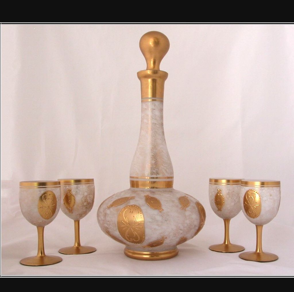 Imperlux Czech Cased Glass Decanter & Goblets, Czechoslovakia Imperlux Czech Cased Glass Decanter & Goblets, Czechoslovakia