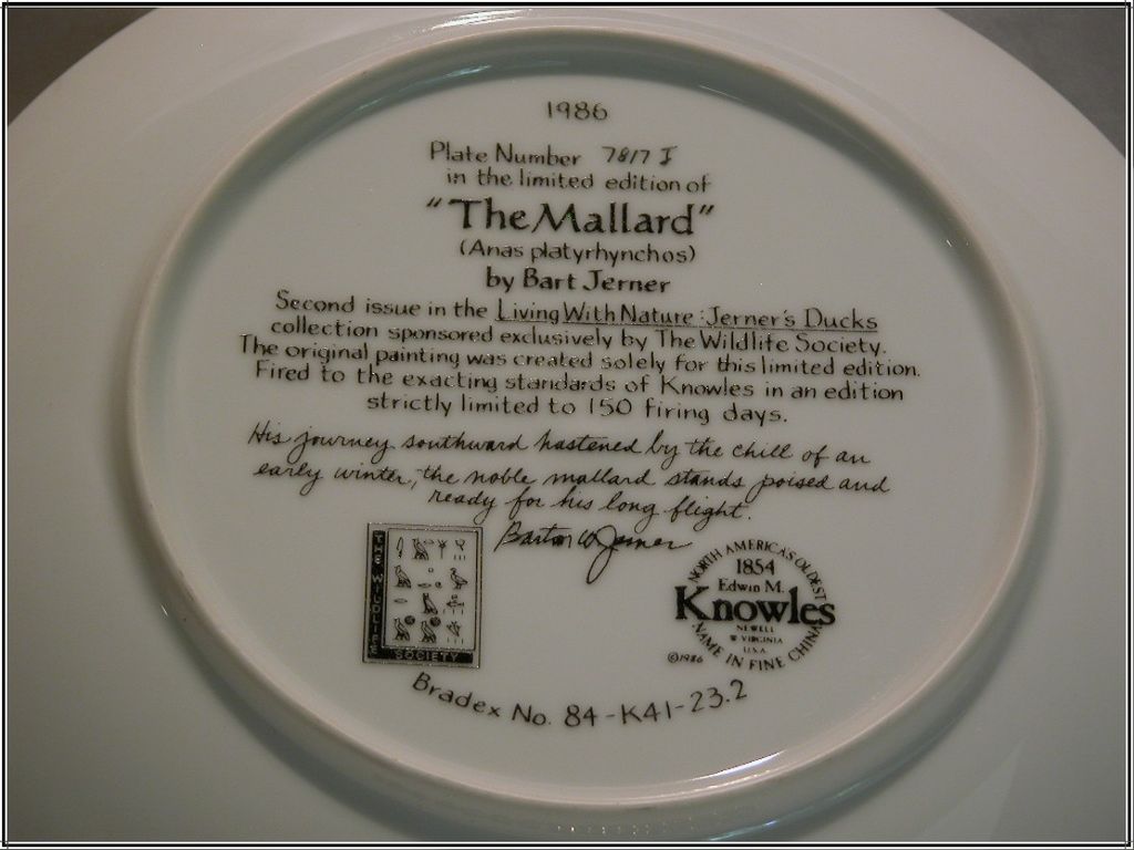 Edwin Knowles China `The Mallard' Collector Plate by Bart Jerner Edwin Knowles China `The Mallard' Collector Plate by Bart Jerner