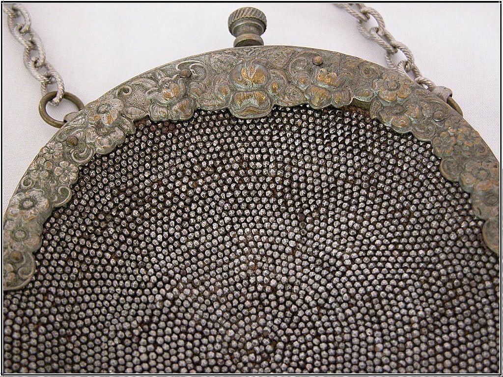 Antique Steel Cut Bead Purse, Floral Frame, Leather Back, Suede Lined Antique Steel Cut Bead Purse, Floral Frame, Leather Back, Suede Lined