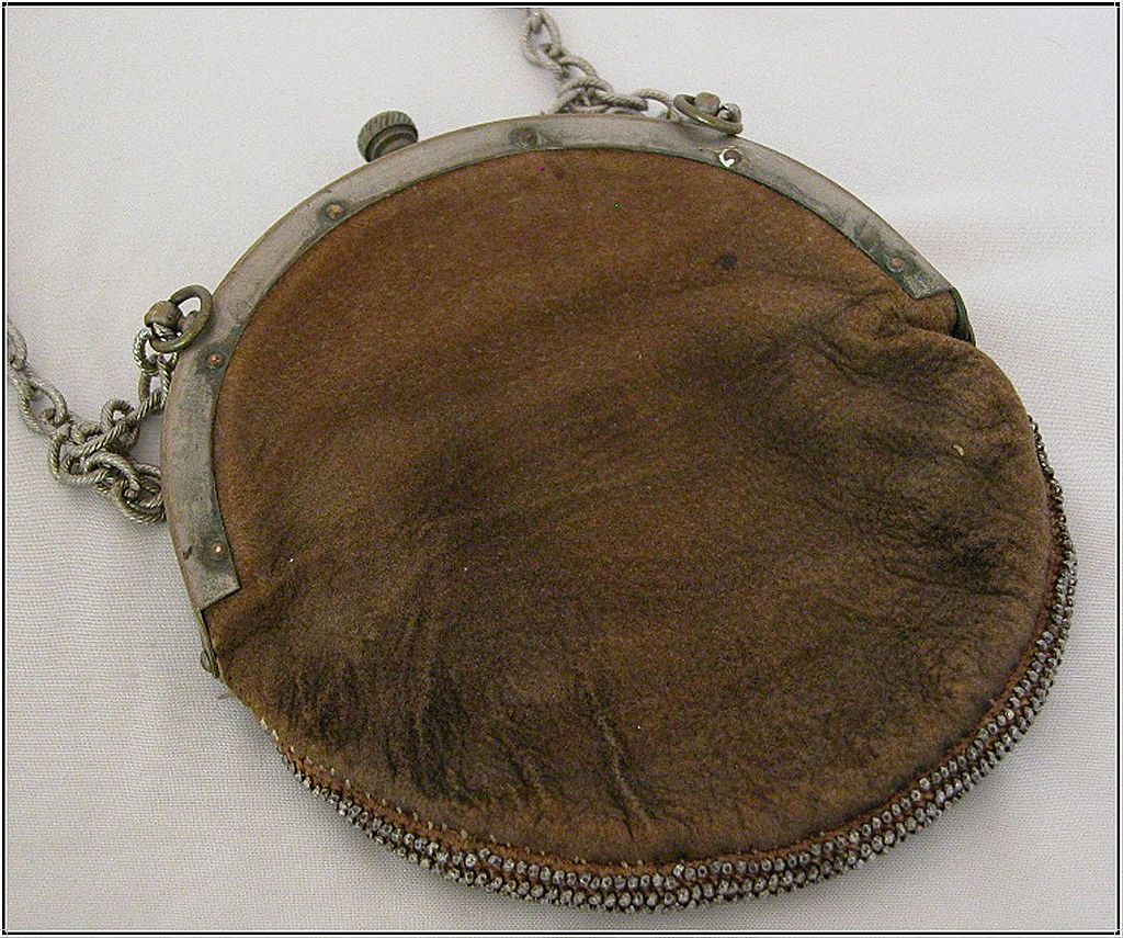 Antique Steel Cut Bead Purse, Floral Frame, Leather Back, Suede Lined Antique Steel Cut Bead Purse, Floral Frame, Leather Back, Suede Lined
