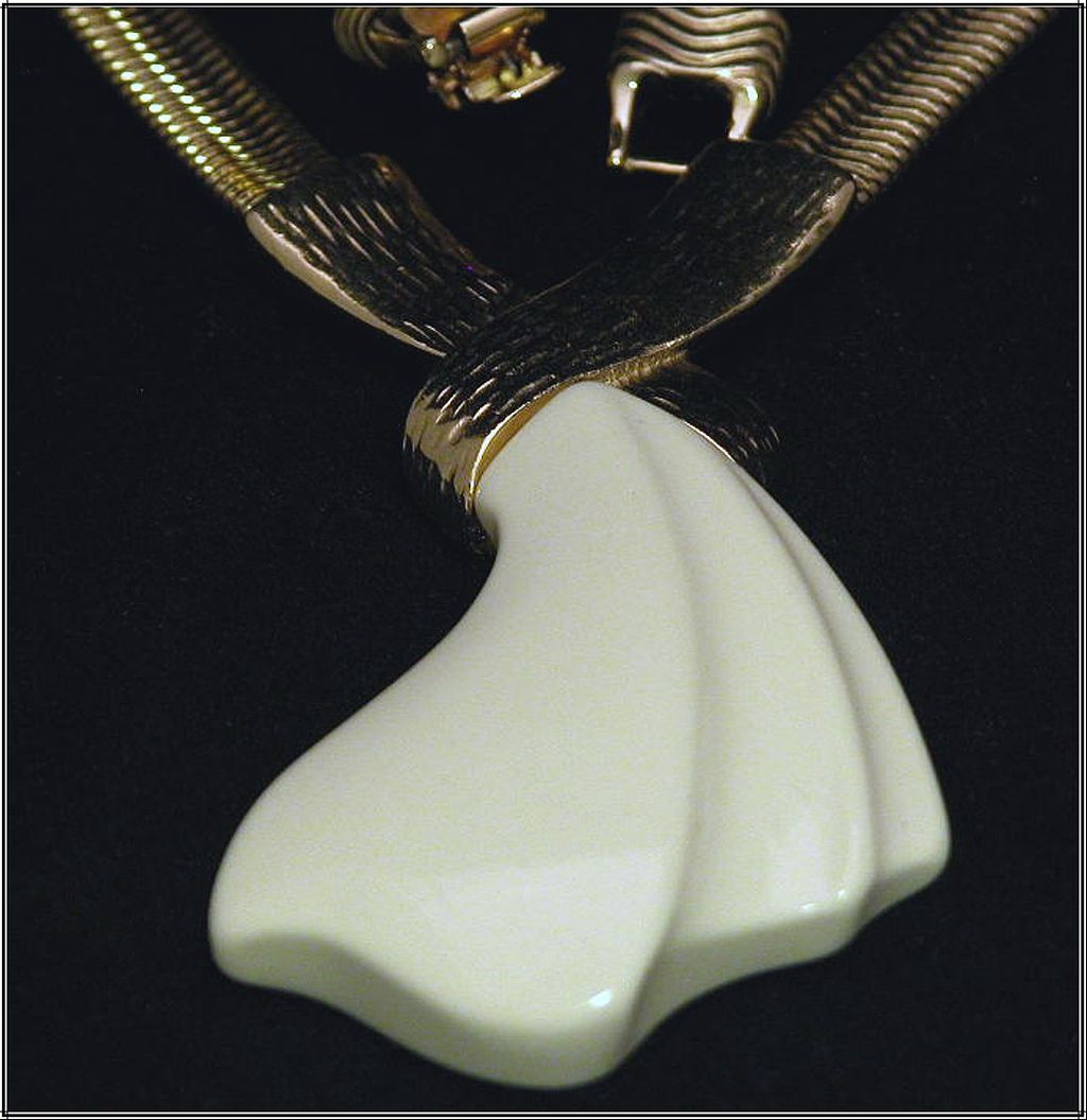Vintage Trifari Necklace with Bold Cream Pendant & Gold-Tone Snake Chain Vintage Trifari Necklace with Bold Cream Pendant & Gold-Tone Snake Chain