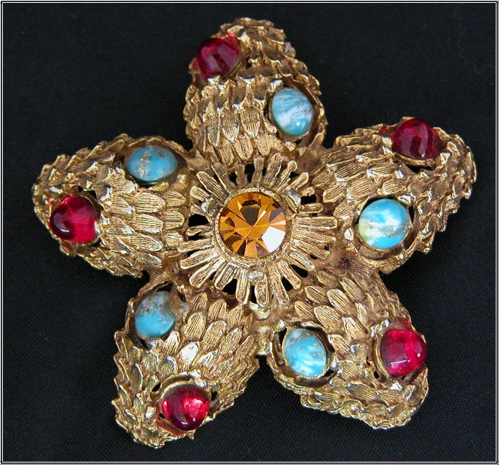 Textured Starfish Pin, Amber Rhinestone, Red Cabochons & Gold-Flecked Stones Textured Starfish Pin, Amber Rhinestone, Red Cabochons & Gold-Flecked Stones