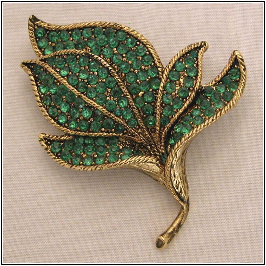 Vintage Green Pave Rhinestone & Gold-Tone Leaf Pin Vintage Green Pave Rhinestone & Gold-Tone Leaf Pin