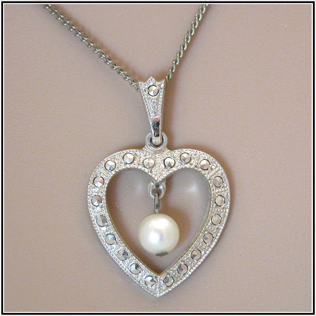 Sterling Silver Theda Cultured Pearl & Marcasite Heart Pendant Necklace Sterling Silver Theda Cultured Pearl & Marcasite Heart Pendant Necklace