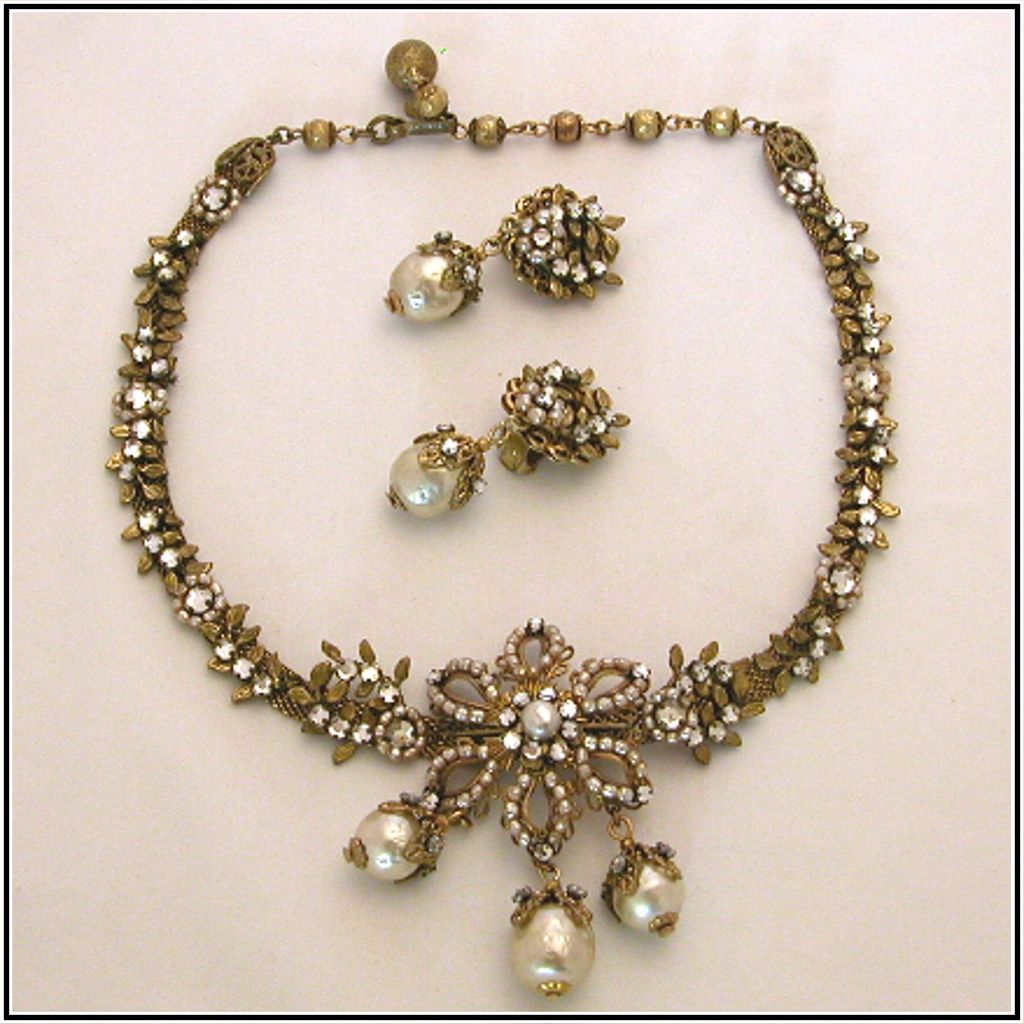 Signed Miriam Haskell Simulated Baroque Pearl & Rhinestone Necklace & Earrings Signed Miriam Haskell Simulated Baroque Pearl & Rhinestone Necklace & Earrings