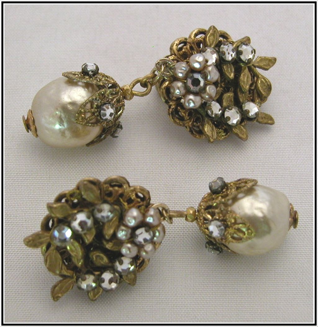 Signed Miriam Haskell Simulated Baroque Pearl & Rhinestone Necklace & Earrings Signed Miriam Haskell Simulated Baroque Pearl & Rhinestone Necklace & Earrings
