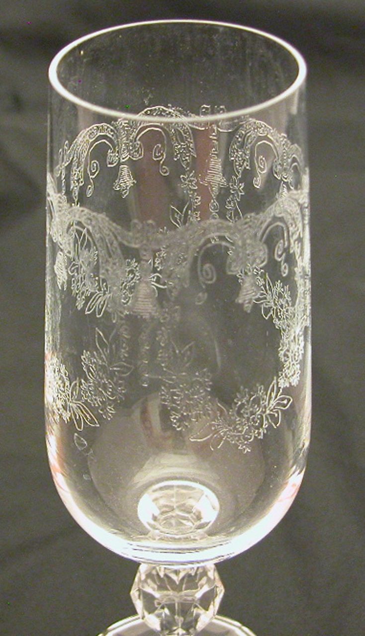 4 Bohemian Crystal Etched Champagne Flutes, Cascade Etching 4 Bohemian Crystal Etched Champagne Flutes, Cascade Etching