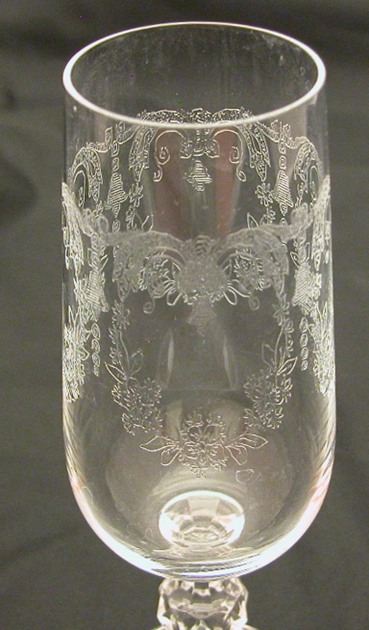 4 Bohemian Crystal Etched Champagne Flutes, Cascade Etching 4 Bohemian Crystal Etched Champagne Flutes, Cascade Etching
