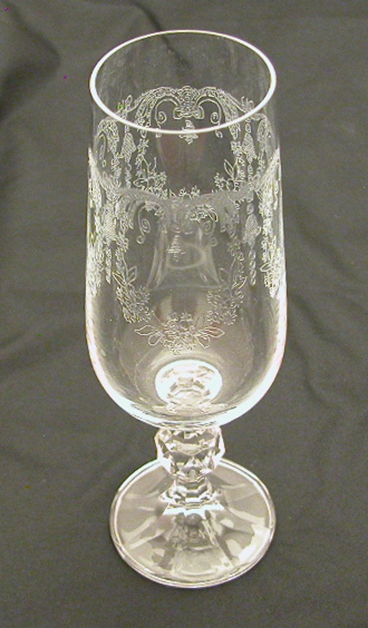 4 Bohemian Crystal Etched Champagne Flutes, Cascade Etching 4 Bohemian Crystal Etched Champagne Flutes, Cascade Etching