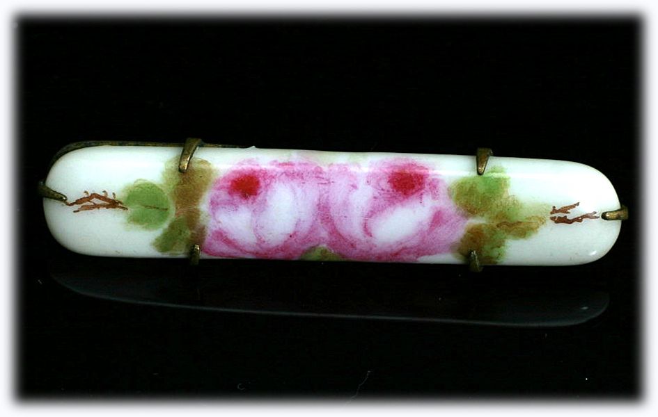 Antique Porcelain Hand Painted Brooch with Pink Roses Victorian Era Antique Porcelain Hand Painted Brooch with Pink Roses Victorian Era