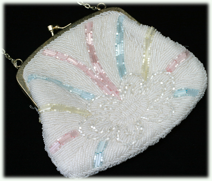 Vintage White Beaded Purse Pastel Rainbow and Clouds Hong Kong Vintage White Beaded Purse Pastel Rainbow and Clouds Hong Kong