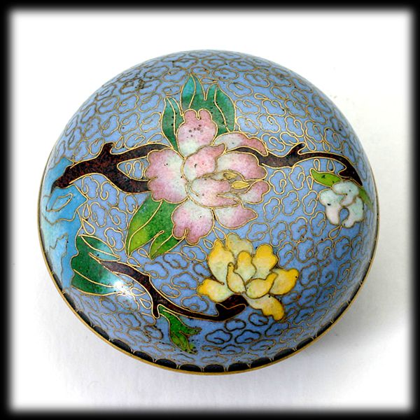 Blue Cloisonne Trinket Jar with Pink Yellow Flowers. Blue Cloisonne Trinket Jar with Pink Yellow Flowers.